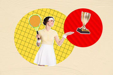 Photo collage picture young girl badminton tennis player win tournament prize golden cup award hold...