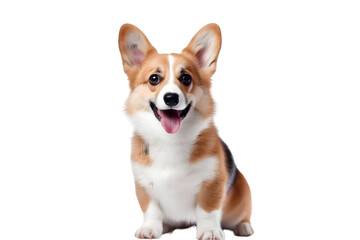 Cute corgi dog looking to the camera while being held by his owner at the vet clinic, selective focus, copy space. Pet health care concept 3d rendring isolated on white background. Generative AI.