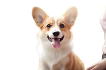 Cute corgi dog looking to the camera while being held by his owner at the vet clinic, selective focus, copy space. Pet health care concept 3d rendring isolated on white background. Generative AI.