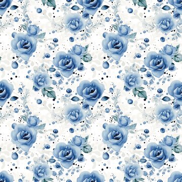 Blue heart, blue rose, white pearl, watercolor, fabric pattern, art work, handicraft work, seamless  background Classic, textile, polka dots, prints, theoretical, beautiful, pleasing 