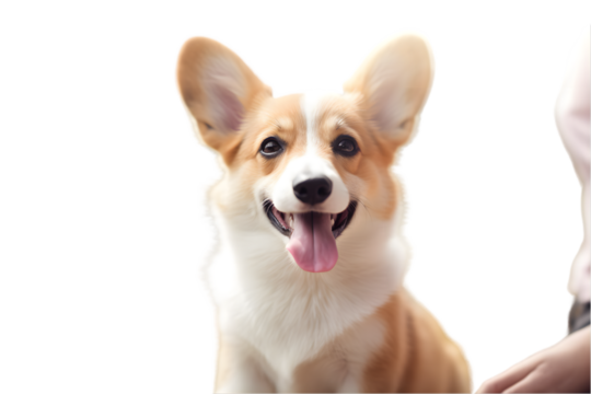 Cute corgi dog looking to the camera while being held by his owner at the vet clinic, selective focus, copy space. Pet health care concept 3d rendring isolated on white background. Generative AI.