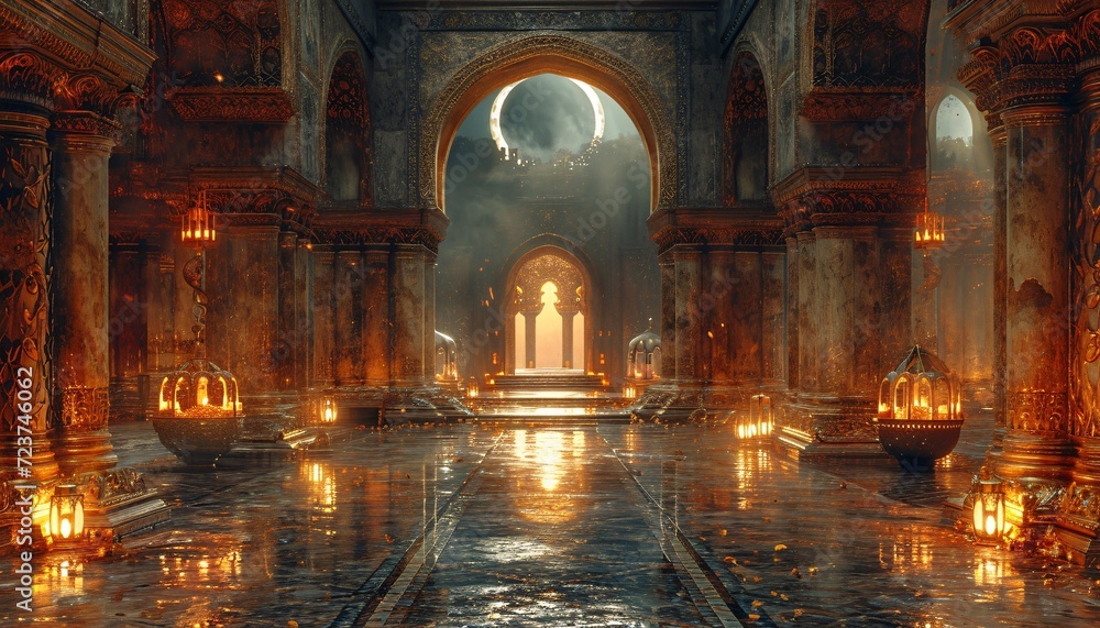 Poster glowing arches and moonlit paths: a mesmerizing nighttime scene generative ai