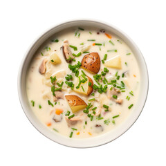 Clam Chowder soup in a bowl on transparent background Remove png, Clipping Path