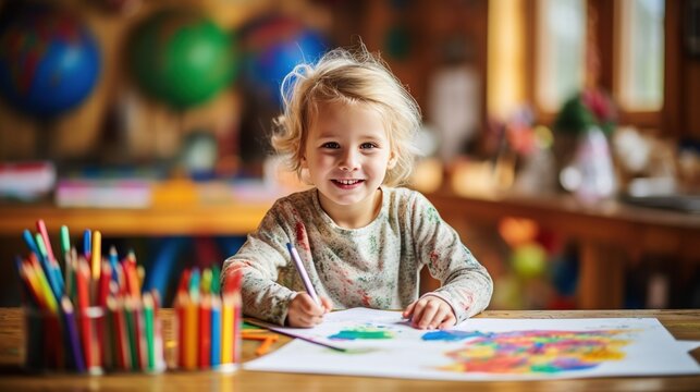 Realistic depiction of an adorable child engrossed in coloring a picture with vibrant markers at a wooden table in a kindergarten classroom. Copy space