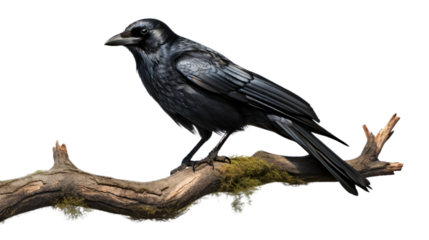 Cute raven, sitting on a tree isolated on white background. Generative AI.