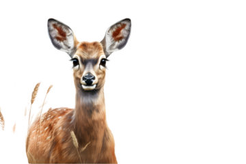 European roe deer in a field. Roe deer with weed around it's antlers. Roe deer wildlife isolated on white background. Generative AI.