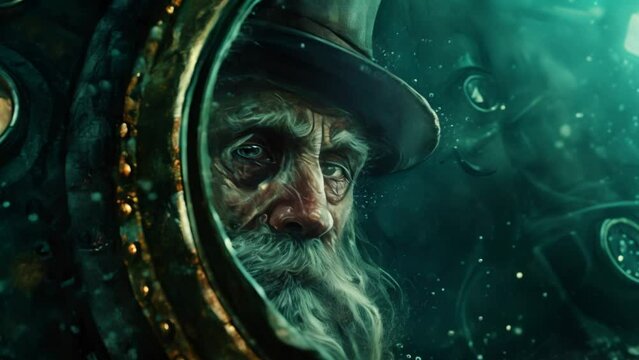 Old professor looking out from a submarine window underwater steampunk animation