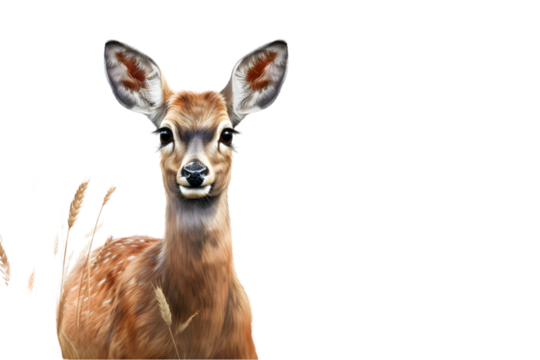 European roe deer in a field. Roe deer with weed around it's antlers. Roe deer wildlife isolated on white background. Generative AI.