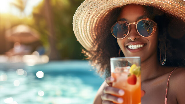 cheerful young woman wearing a straw hat and sunglasses