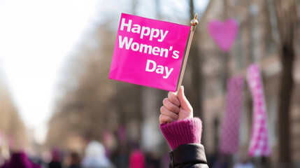 female hand holds a pink flag with the inscription Happy Women's Day, feminism, March 8, equality, holiday, demonstration, congratulation, fight for rights, street, text, lettering