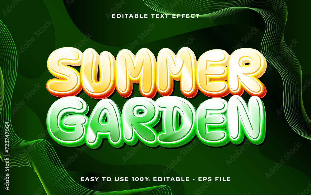 Poster summer garden 3d editable vector text style effect. vector text effect with glossy concept.