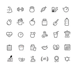 Set icon for sport food. Vector elements are made with high contrast, well suited to different scales and on different media. Ready for use in your design. EPS10.