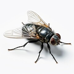 Fototapeta premium Close-up of a housefly on a white background, showcasing intricate details and natural colors.