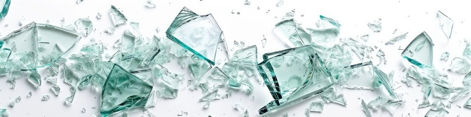 A wide panorama of shattered glass pieces scattered across a white surface, ideal as a dramatic banner backdrop for recycling or safety campaigns. - obrazy, fototapety, plakaty