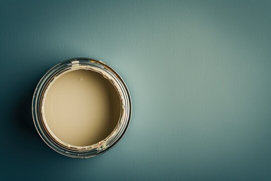 A minimalist banner with copy space and a top view of an open paint can against a smooth teal background, perfect for creative reuse and recycling themed projects.