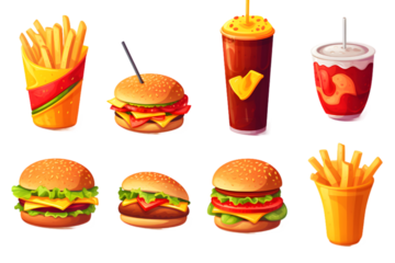 Fast food 3d cartoon vector icon set isolated on white background. Generative AI.