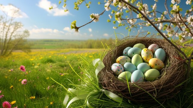 A beautiful spring landscape with a nest full of colorful Easter eggs.