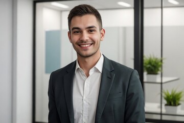 Fototapeta premium Happy businessman standing in a modern green office space with copy space.