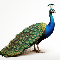 Obraz premium Majestic peacock standing, displaying vibrant, colorful plumage with iridescent eyespots on a white background.