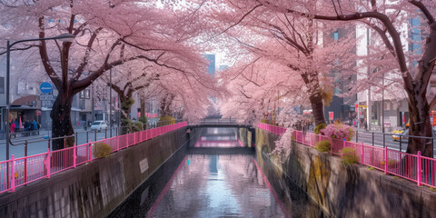 Panoramic view of the Nakameguro Cherry Blossom Festival in Tokyo, Japan