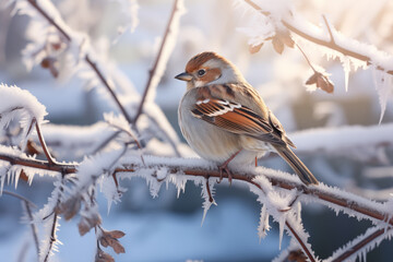 Sparrow bird sits on a frozen tree branch
