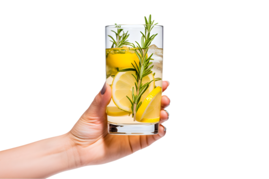 Female hand hold glass of cocktail with citrus and rosemary isolated on white background. Generative AI.