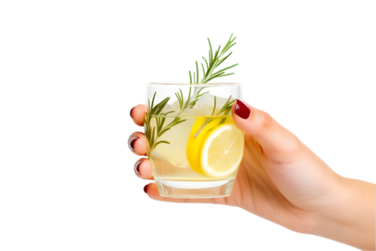 Female hand hold glass of cocktail with citrus and rosemary isolated on white background. Generative AI.