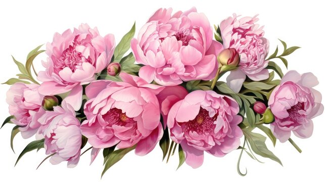 A bouquet of pink peonies in a vase on a white background. Congratulations on Mother's Day, Valentine's Day, Women's Day. Romantic background and greeting card.