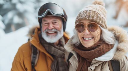 Fototapeta premium Joyful seniors skiing together in a winter resort