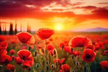 Obraz premium Impressionistic Red Poppies Blooming at Golden Sunrise in Meadow Generative AI
