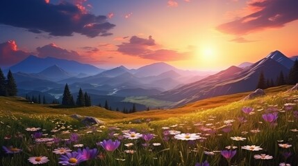 Idyllic Summer Mountain Meadow Aglow with Sunset and Wildflowers Generative AI - obrazy, fototapety, plakaty