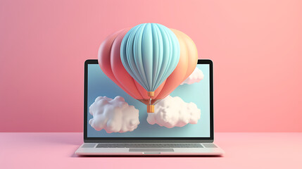 hot air balloon outgoing of laptop screen, showcase of beautiful cloud, innovative isolated background