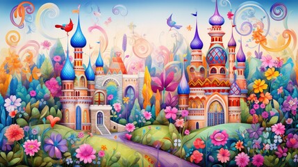 Naklejka premium Enchanted Castle Amidst Blooming Fantasy Garden Under Rainbow Generative AI