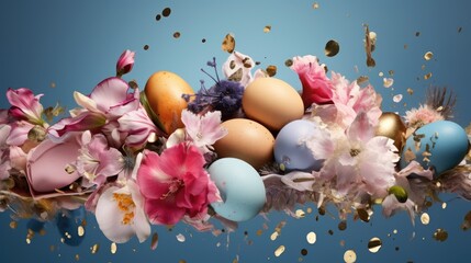 Exquisite Easter Eggs Adorned with Gold Amidst Spring Flowers Generative AI