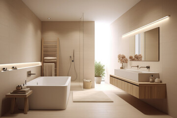 Fototapeta na wymiar Beige color minimal design luxury decorated bathroom interior