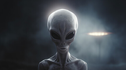 Big eyes gray alien standing in front of flying saucer, spooky non-human creature. Generative ai