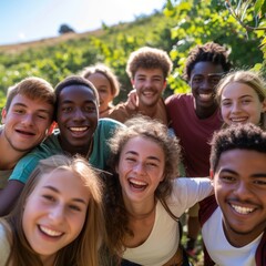 Obraz premium A group of happy friends posing for a picture in a sunny outdoor setting