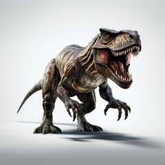Naklejka premium Fierce Tyrannosaurus Rex dinosaur roaring on a plain white background, full-body view.