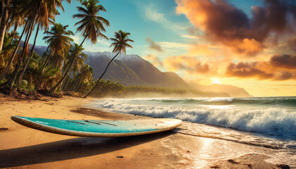 Surfboard on the sandy beach of a beautiful tropical island with palm trees and sea waves crashing on the coast at sunset or sunrise. Generative Ai.
