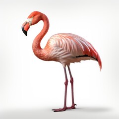 Elegant flamingo standing isolated on white background, with detailed feathers and vibrant pink color.