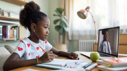 young girl engaged in an online learning session, writing notes while participating in a video call with a teacher on her laptop at a home study setup