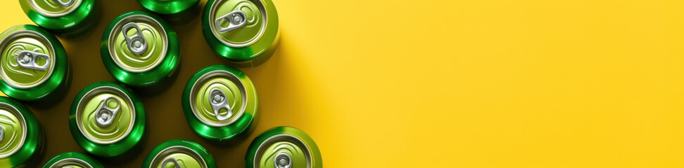 Background with copy space and a collection of green aluminum cans on a bright yellow backdrop, underscoring the recyclability of metal and the push for beverage container recycling. - obrazy, fototapety, plakaty