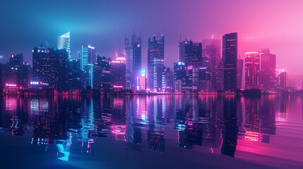 A high-tech cityscape with neon lights and reflections, offering a futuristic and dynamic background for a tech-oriented website