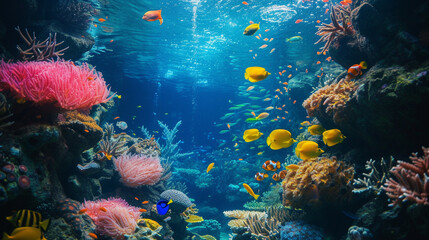 Fototapeta na wymiar An underwater scene with coral reefs and marine life, creating a colorful and immersive background for a marine-themed website