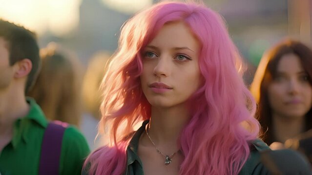 A young transgender woman stands her ground at a human rights protest. Her long pink hair brings out the intense light in her green eyes, reflecting her vibrant, indomitable spirit. The