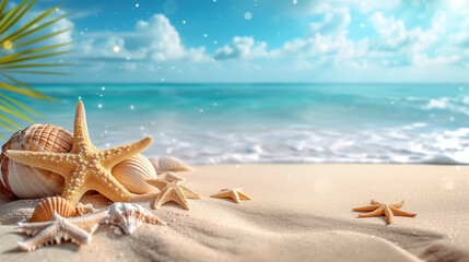 Fototapeta na wymiar Summer vacation banner, starfish on the beach on a water-sea background on a sunny day