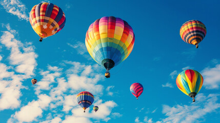 Naklejka premium A collage of colorful hot air balloons against a blue sky, adding a sense of joy and vibrancy to your website background