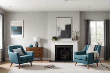 Beautiful living room interior with armchairs, lamp, and beautiful painting on the wall in a retro style.