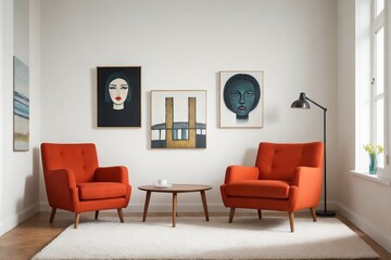 Beautiful living room interior with armchairs, lamp, and beautiful painting on the wall in a retro style.