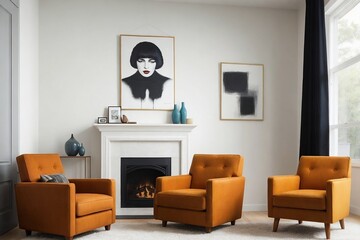 Beautiful living room interior with armchairs, lamp, and beautiful painting on the wall in a retro style.